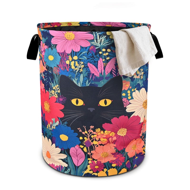 bassyil Black Cat Floral Laundry Basket Foldable Oxford Cloth Tote Bag Laundry Hamper Clothes Storage Bucket Organizer For Bathroom/Laundry Storage/Bedroom 19.6x15.7 Inch - Image 1