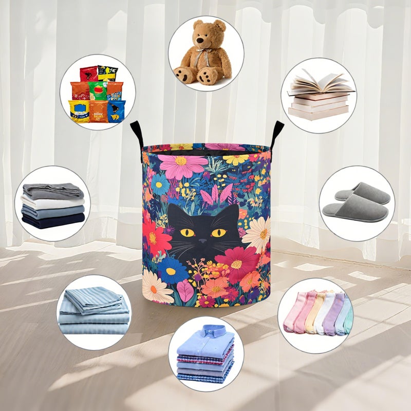 bassyil Black Cat Floral Laundry Basket Foldable Oxford Cloth Tote Bag Laundry Hamper Clothes Storage Bucket Organizer For Bathroom/Laundry Storage/Bedroom 19.6x15.7 Inch - Image 4