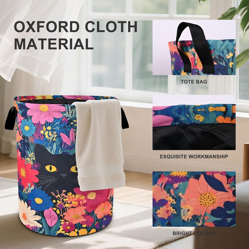 bassyil Black Cat Floral Laundry Basket Foldable Oxford Cloth Tote Bag Laundry Hamper Clothes Storage Bucket Organizer For Bathroom/Laundry Storage/Bedroom 19.6x15.7 Inch - Image 2