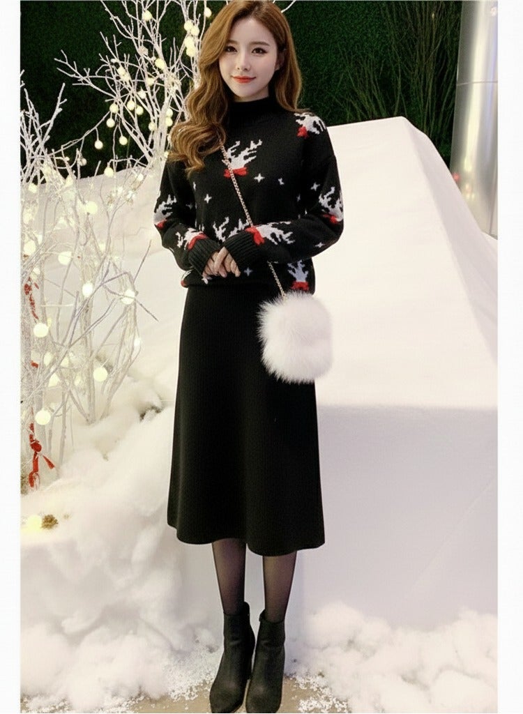 A.M festive Christmas outfit, centered around a vibrant black color pullover sweater with a white reindeer and snowflake pattern - Image 1