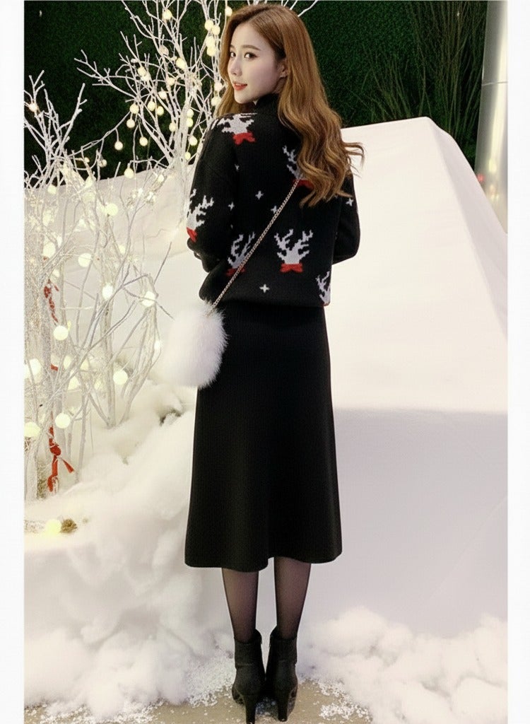 A.M festive Christmas outfit, centered around a vibrant black color pullover sweater with a white reindeer and snowflake pattern - Image 2