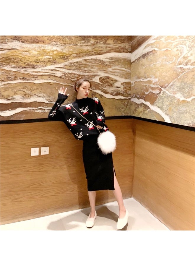 A.M festive Christmas outfit, centered around a vibrant black color pullover sweater with a white reindeer and snowflake pattern - Image 3