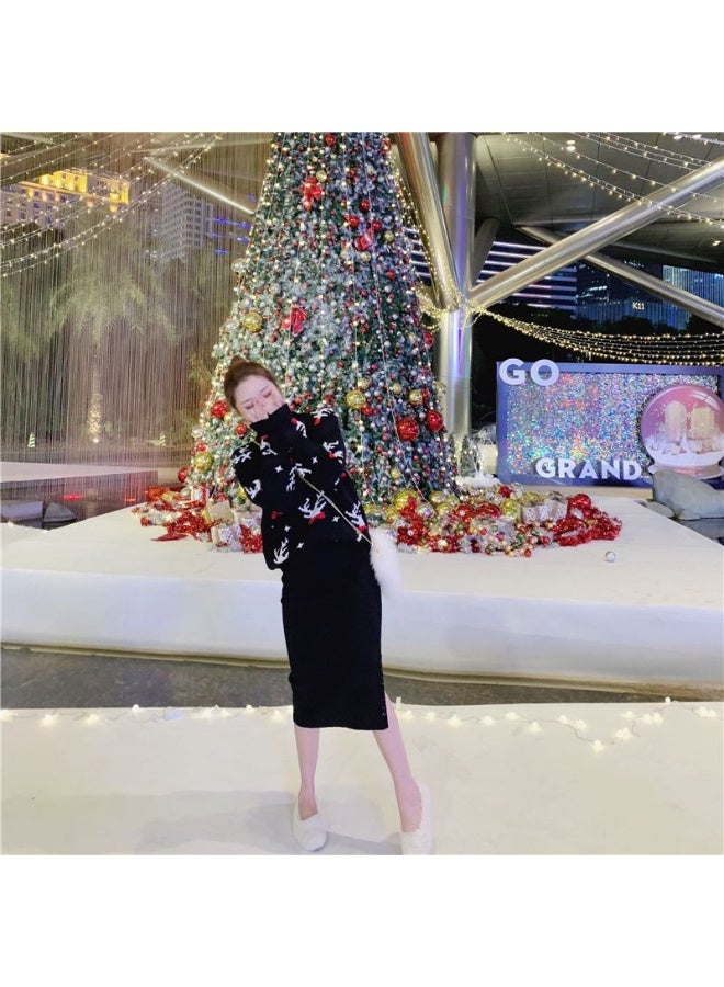 A.M festive Christmas outfit, centered around a vibrant black color pullover sweater with a white reindeer and snowflake pattern - Image 4