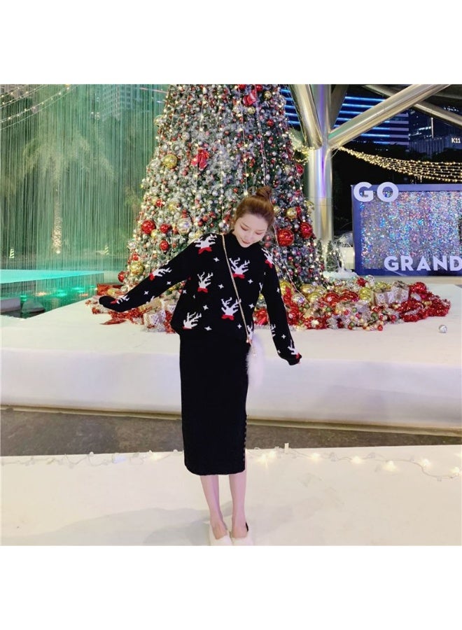 A.M festive Christmas outfit, centered around a vibrant black color pullover sweater with a white reindeer and snowflake pattern - Image 5