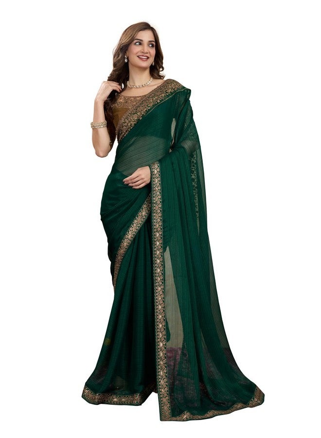 TRENDMALLS ساري شيفون مزين بحدود للنساء من تريندمولز مع قطعة بلوزة (K1105-أخضر) - Image 1