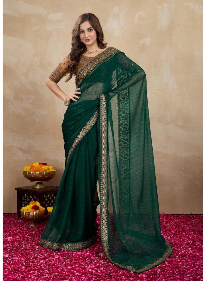 TRENDMALLS ساري شيفون مزين بحدود للنساء من تريندمولز مع قطعة بلوزة (K1105-أخضر) - Image 3
