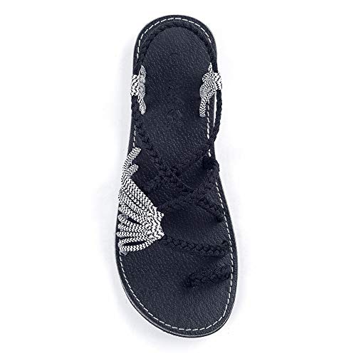 Plaka Palm Leaf Flat Summer Sandals for Women | Perfect for The Beach Walking & Dressy Occasions | Black Zebra | Size 10 - Image 1