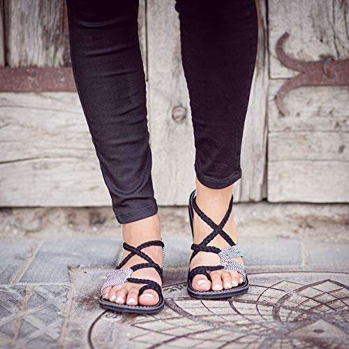 Plaka Palm Leaf Flat Summer Sandals for Women | Perfect for The Beach Walking & Dressy Occasions | Black Zebra | Size 10 - Image 4
