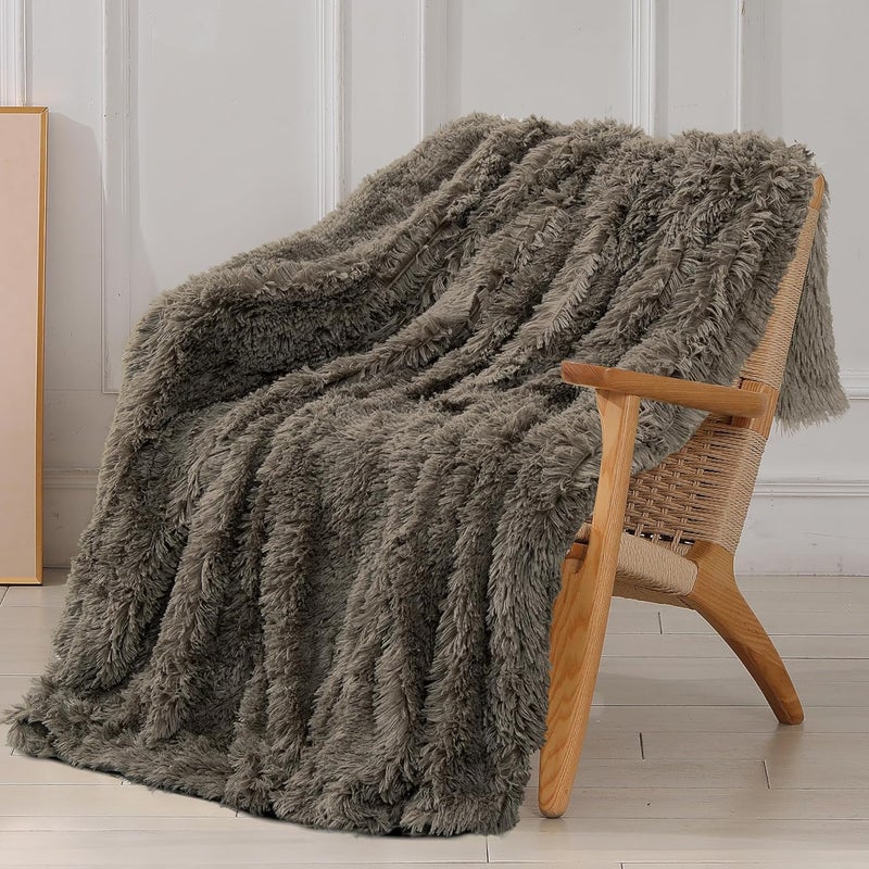Tuddrom Decorative Extra Soft Faux Fur Throw Blanket 50"x60",Solid Reversible Fuzzy Lightweight Long Hair Shaggy Blanket,Fluffy Cozy Plush Fleece Comfy Microfiber Blanket for Couch Sofa Bed,Brown - Image 1