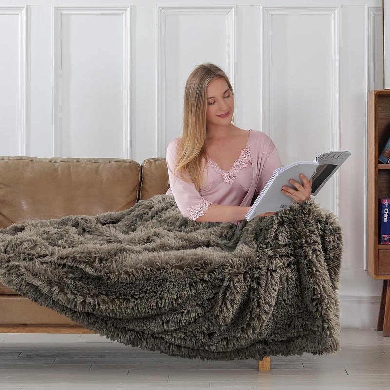 Tuddrom Decorative Extra Soft Faux Fur Throw Blanket 50"x60",Solid Reversible Fuzzy Lightweight Long Hair Shaggy Blanket,Fluffy Cozy Plush Fleece Comfy Microfiber Blanket for Couch Sofa Bed,Brown - Image 4