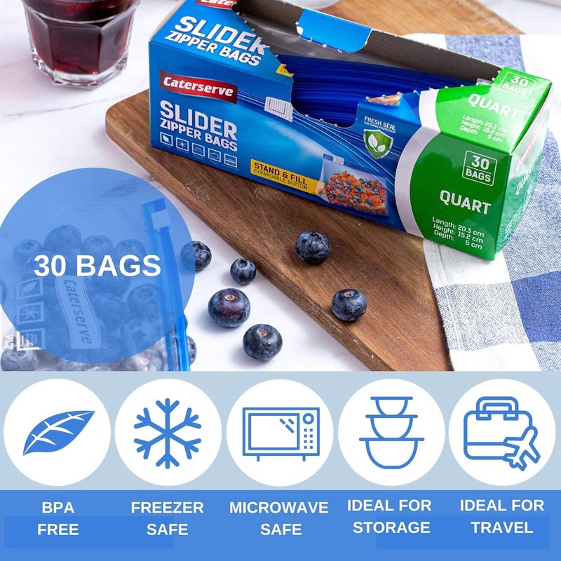 Caterserve Slider Freezer Bags – Quart 1L ziplock Bags – Resealable Food Bags for Food Storage Travel, – Stand and Fill Expandable Bottom – Freezer and Microwave Safe 30 Bags - Image 3