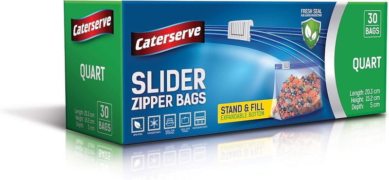 Caterserve Slider Freezer Bags – Quart 1L ziplock Bags – Resealable Food Bags for Food Storage Travel, – Stand and Fill Expandable Bottom – Freezer and Microwave Safe 30 Bags - Image 1