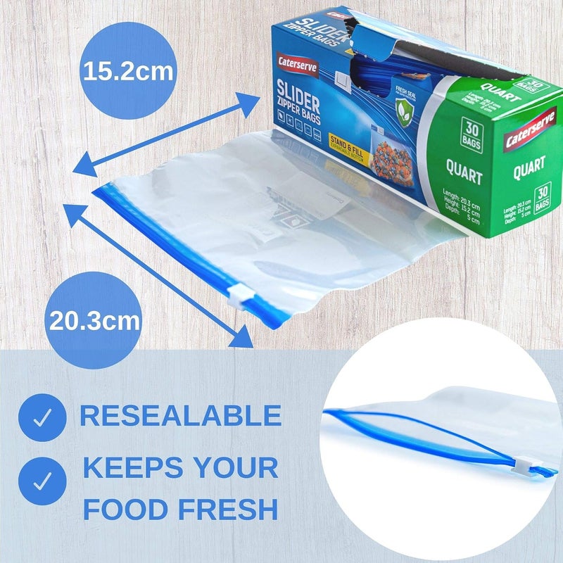 Caterserve Slider Freezer Bags – Quart 1L ziplock Bags – Resealable Food Bags for Food Storage Travel, – Stand and Fill Expandable Bottom – Freezer and Microwave Safe 30 Bags - Image 2