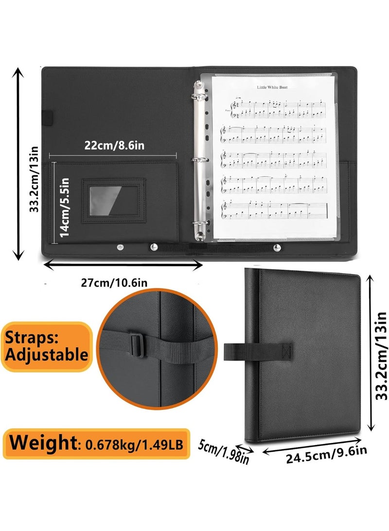 NANAO PU Leather Choir Music Folder, 3 Ring Black Binder with Adjustable Band,Sheet Music Folder fit Letter Size, for Choral Performances at Concerts - Image 2