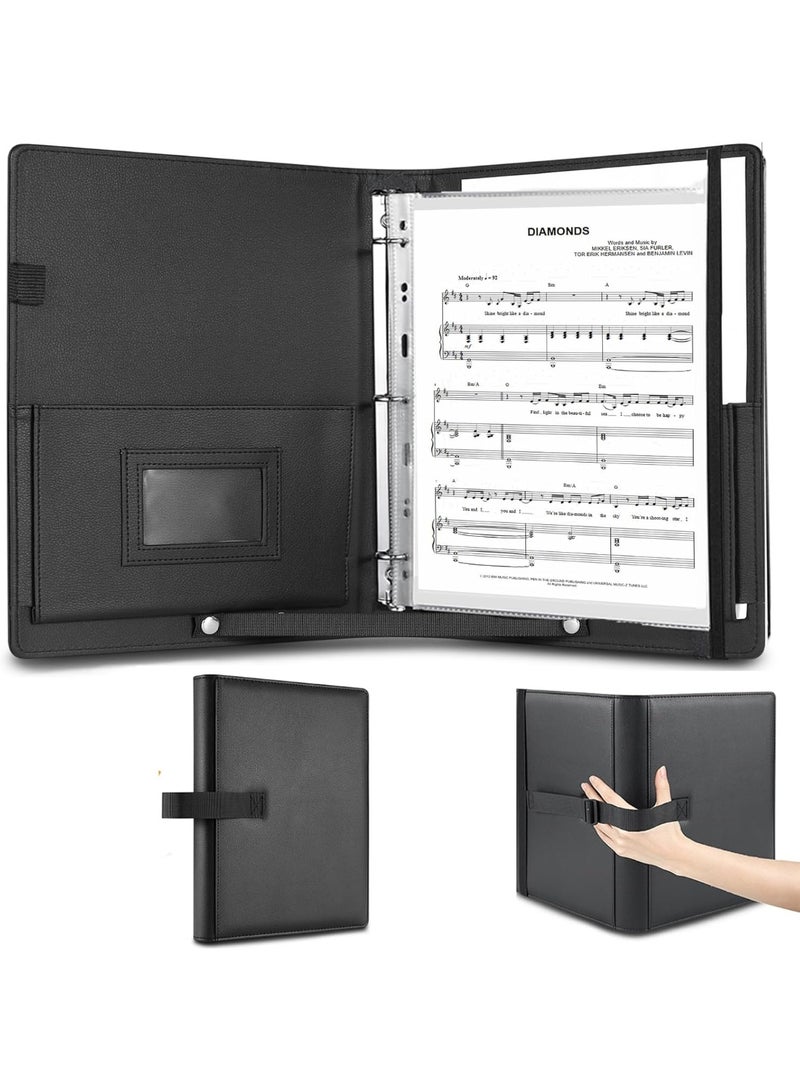 NANAO PU Leather Choir Music Folder, 3 Ring Black Binder with Adjustable Band,Sheet Music Folder fit Letter Size, for Choral Performances at Concerts - Image 1
