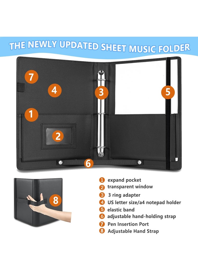 NANAO PU Leather Choir Music Folder, 3 Ring Black Binder with Adjustable Band,Sheet Music Folder fit Letter Size, for Choral Performances at Concerts - Image 4