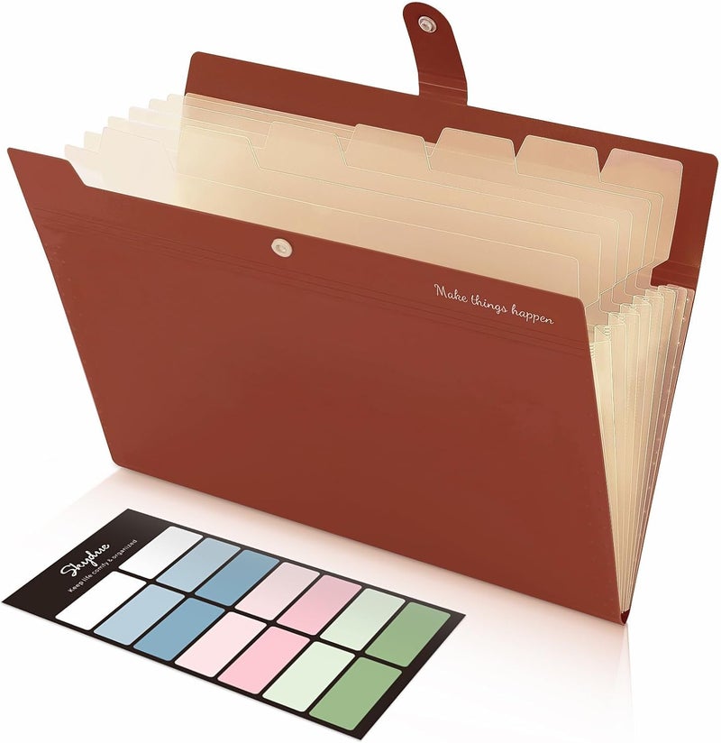 Skydue File Folder with Labels, Accordion File Organizer with 8 Pockets, Portable Document Organizer, A4 Letter Size, Paper Organizer for Office, Brown - Image 1