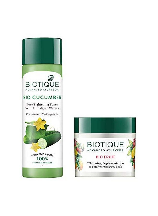Biotique Bio Cucumber Pore Tightening Toner 120Ml And Bio Fruit Whitening And Depigmentation And Tan Removal Face Pack 75G (Pack Of 2) - Image 1
