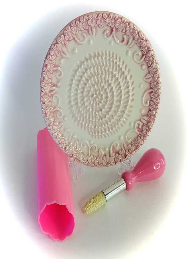 BonCera, All-in-one Premium Ceramic Garlic Grater Plate 4-Piece Set - Pink Embossed Design and Style - For Garlic, Ginger, Chocolate, and more! - Comes with 5.25" Plate, Peeler, Brush, and Stand - Image 2