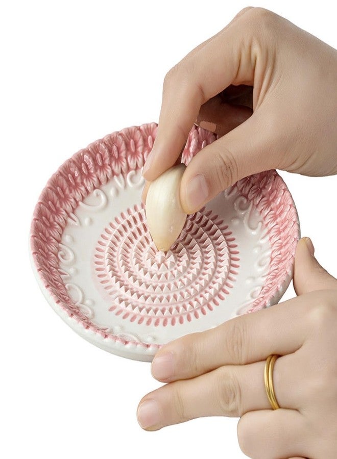 BonCera, All-in-one Premium Ceramic Garlic Grater Plate 4-Piece Set - Pink Embossed Design and Style - For Garlic, Ginger, Chocolate, and more! - Comes with 5.25" Plate, Peeler, Brush, and Stand - Image 3