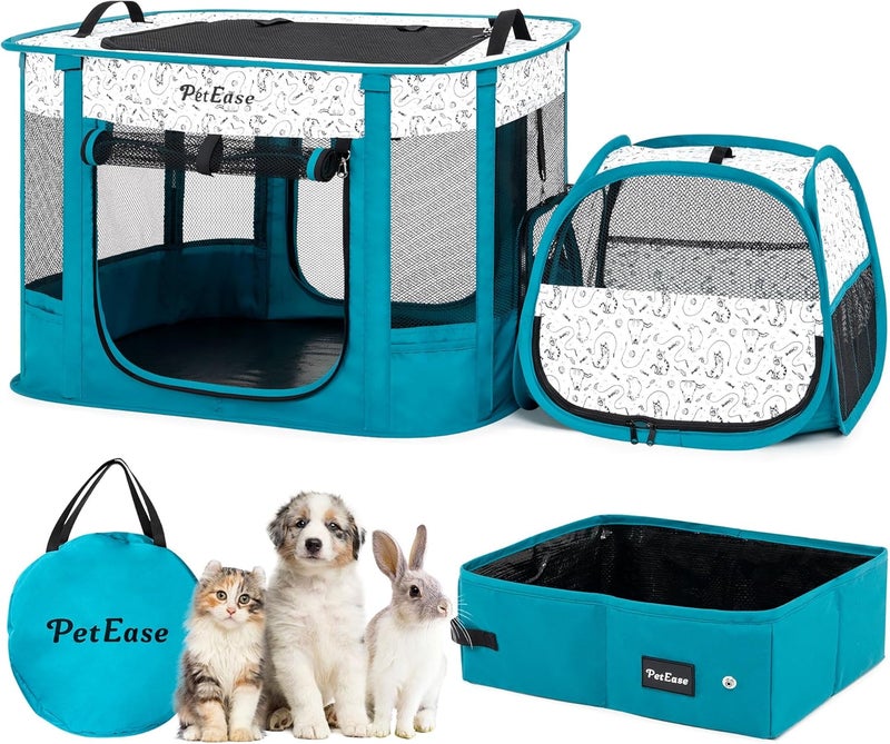 PetEase Portable 2-in-1 Dog Crate playpen, Outdoor Cat Playpen with Litter Box Area for Indoor Cats Enclosed Rabbit Puppy Hamster Indoor/Outdoor Cats Enclosure Cages Tent (Peacock Blue) - Image 1
