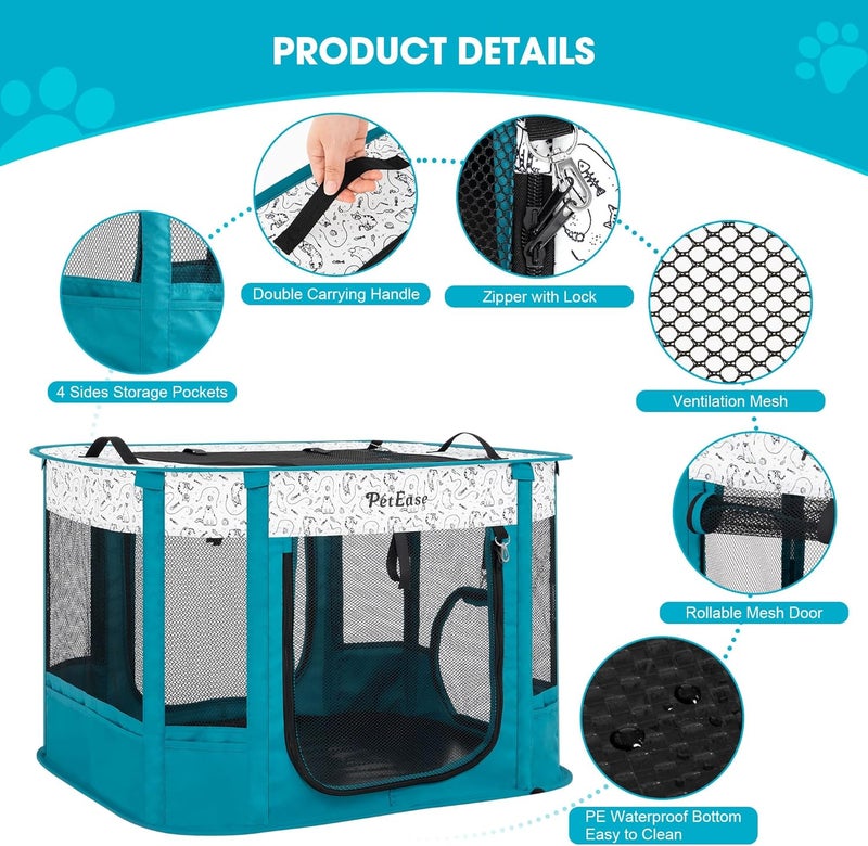 PetEase Portable 2-in-1 Dog Crate playpen, Outdoor Cat Playpen with Litter Box Area for Indoor Cats Enclosed Rabbit Puppy Hamster Indoor/Outdoor Cats Enclosure Cages Tent (Peacock Blue) - Image 4