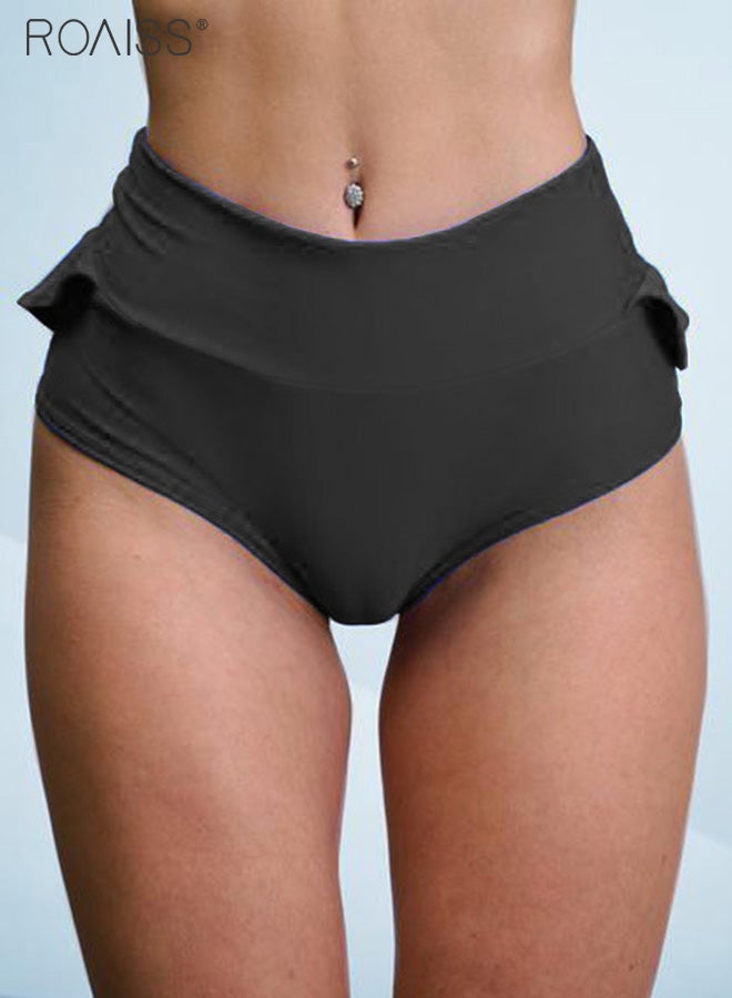 شورت لياقة بدنية نسائي مرن عالي الخصر بلون سادة وحقيبة الورك وشورت يوغا للتدريب في صالة الألعاب الرياضية وشورت أمان مرن بزاوية مسطحة