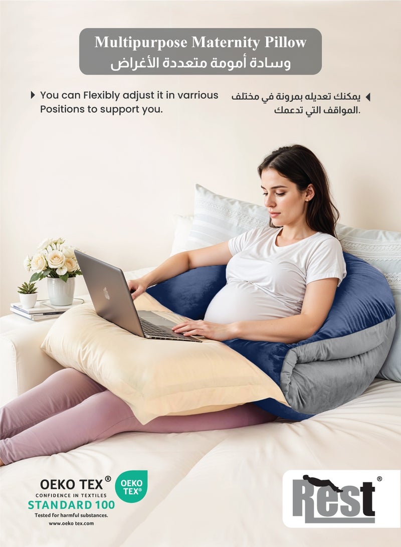 REST Pregnancy Pillow, U- Shaped Full Body Maternity Pillows , 57 inch with Removable Velvet Cover - Support for Back, Legs, Belly, HIPS for Pregnant Women, Blue and Grey - Image 4