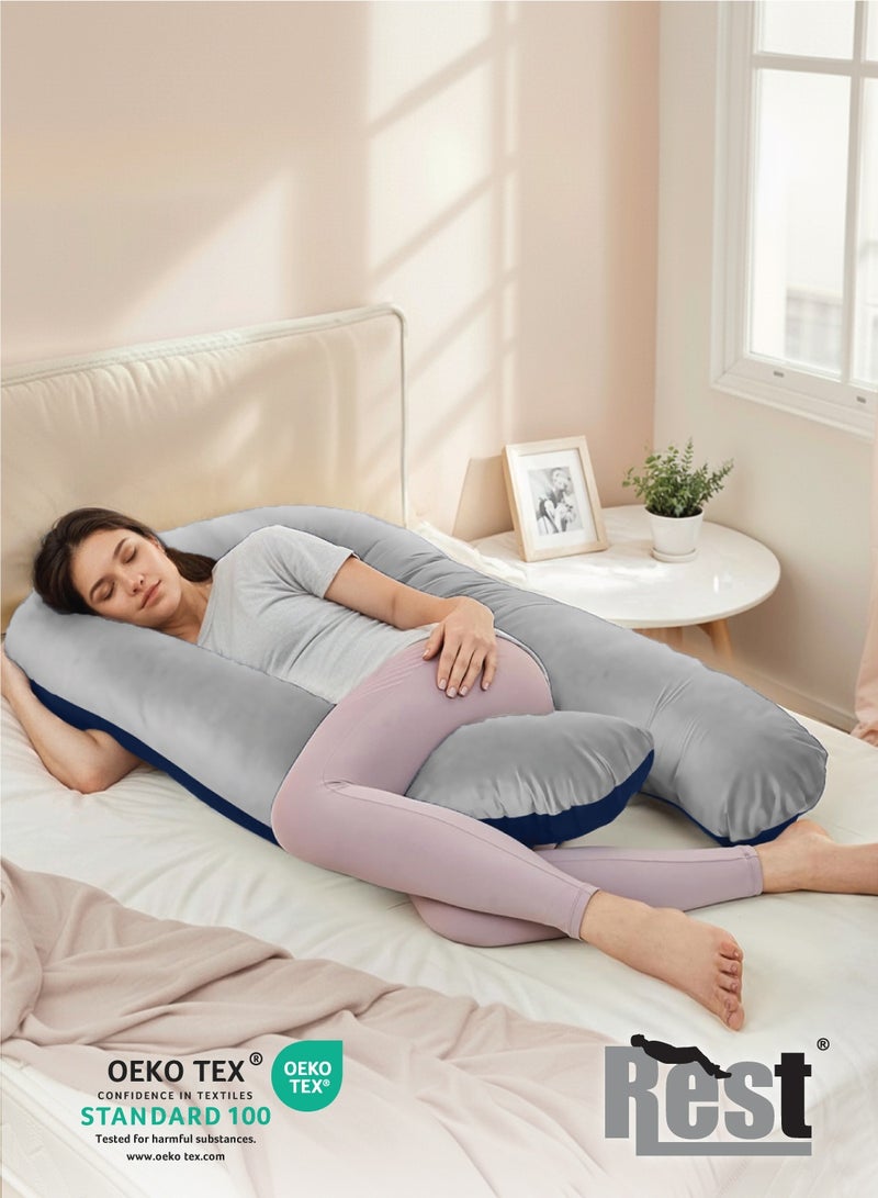 REST Pregnancy Pillow, U- Shaped Full Body Maternity Pillows , 57 inch with Removable Velvet Cover - Support for Back, Legs, Belly, HIPS for Pregnant Women, Blue and Grey - Image 2