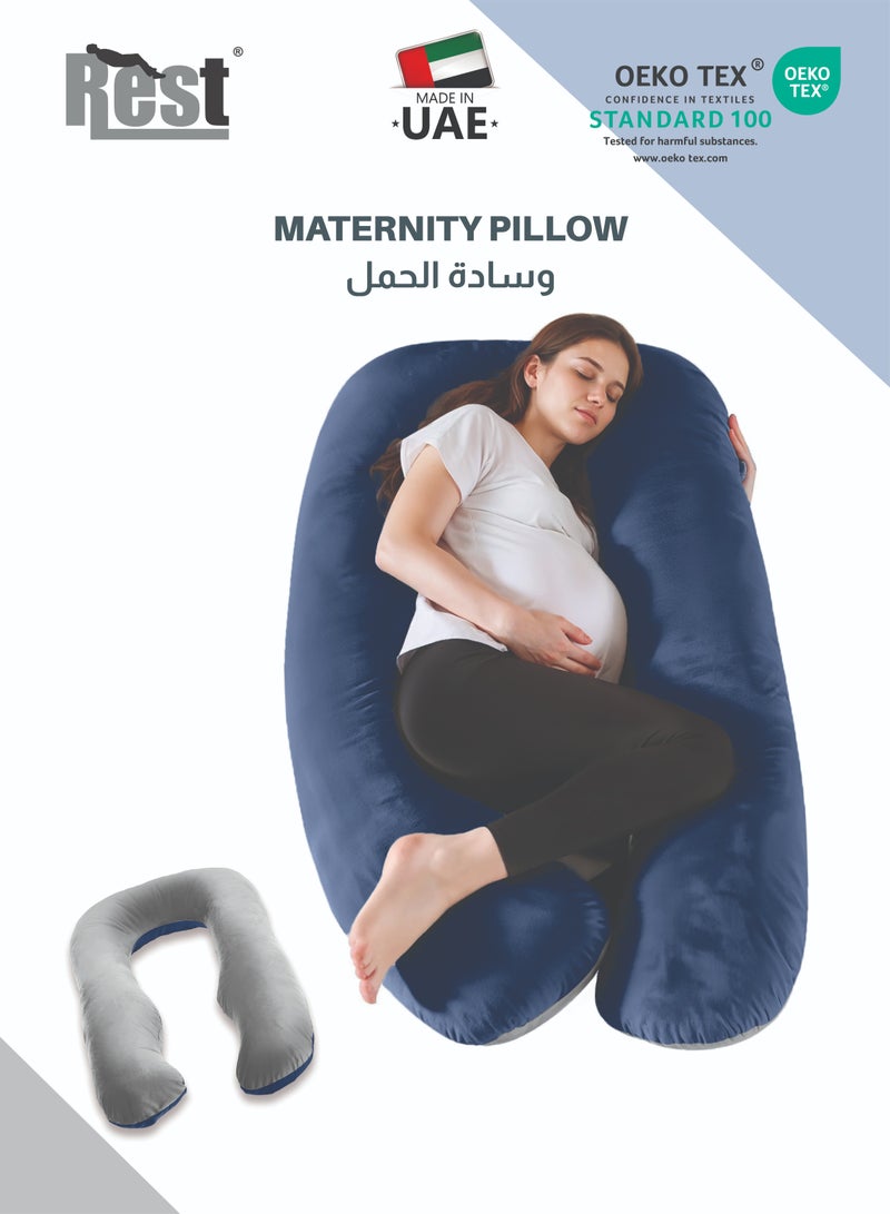 REST Pregnancy Pillow, U- Shaped Full Body Maternity Pillows , 57 inch with Removable Velvet Cover - Support for Back, Legs, Belly, HIPS for Pregnant Women, Blue and Grey - Image 1