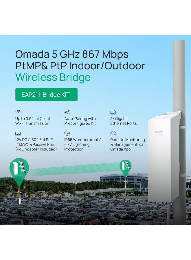 تي بي لينك مجموعة جسر Omada EAP211 - جسر لاسلكي نقطة إلى نقطة بتردد 5 جيجاهرتز وسرعة 867 ميجابت في الثانية للاستخدام الداخلي/الخارجي - Image 2