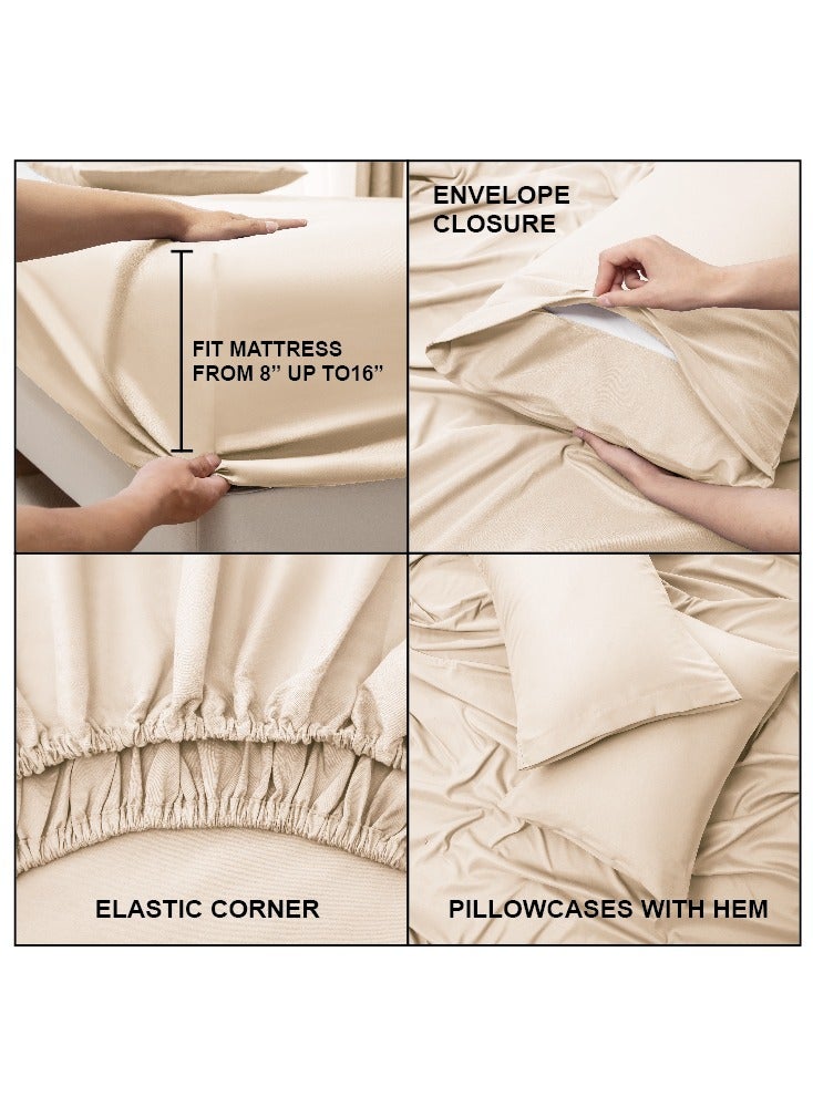 Panax Bedding Double Bed Sheets Set - 4 Piece Bedding - Brushed Microfiber - Shrinkage and Fade Resistant - Easy Care (Beige, Double) - Image 4