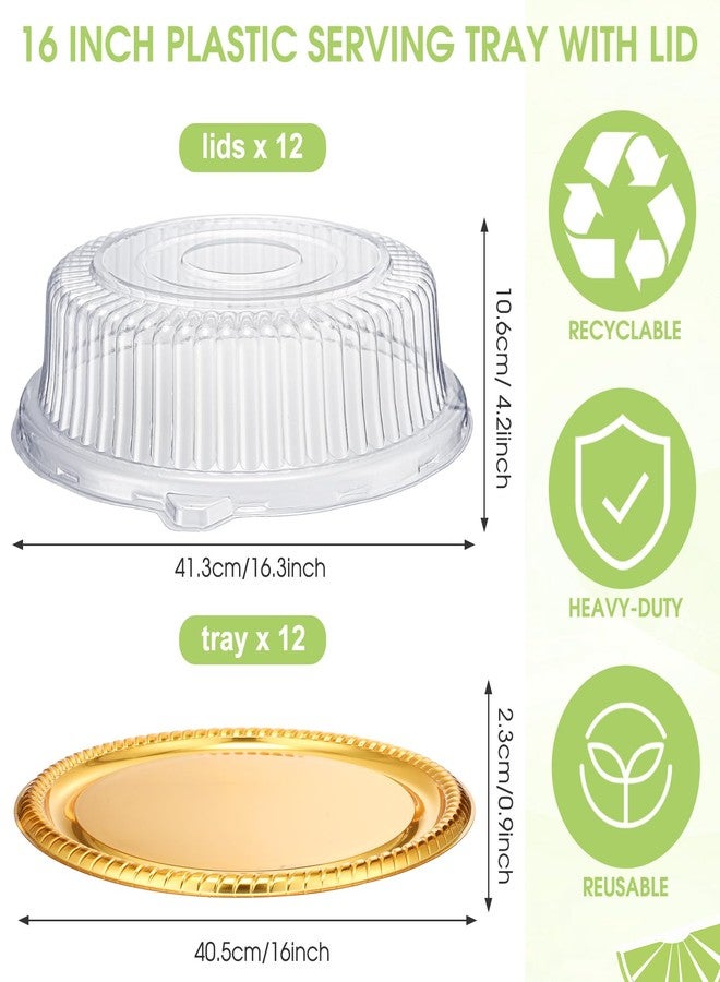 Nitial 12 Pcs Heavy Duty Serving Tray with Clear Lid, Round Elegant Gold Catering Trays Disposable Large Plastic Platters for Fruit Cake Sandwich Food Picnic Party Supplies (16 Inches) - Image 2