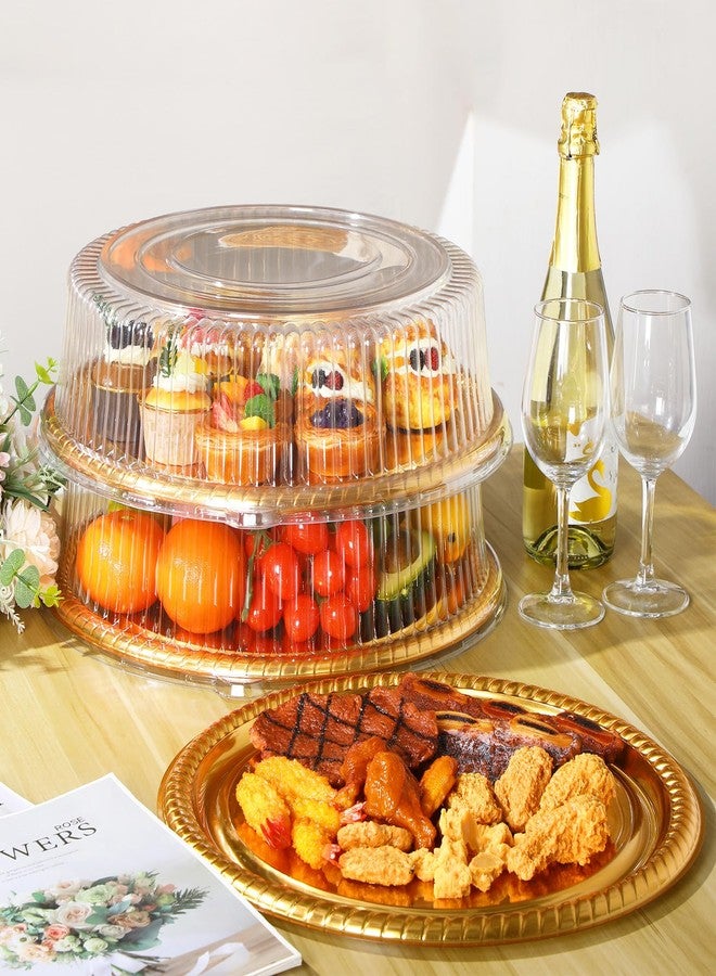 Nitial 12 Pcs Heavy Duty Serving Tray with Clear Lid, Round Elegant Gold Catering Trays Disposable Large Plastic Platters for Fruit Cake Sandwich Food Picnic Party Supplies (16 Inches) - Image 3