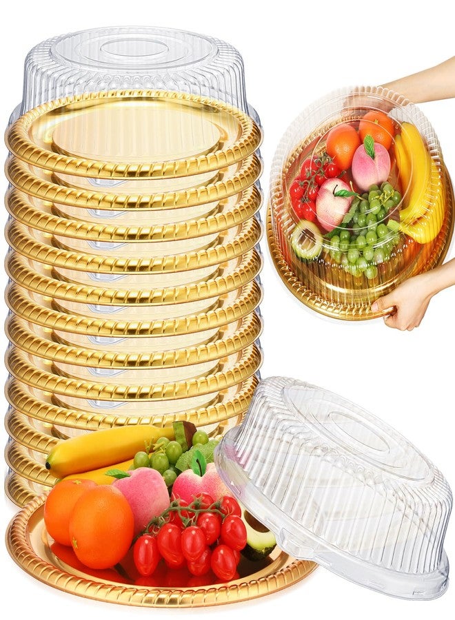 Nitial 12 Pcs Heavy Duty Serving Tray with Clear Lid, Round Elegant Gold Catering Trays Disposable Large Plastic Platters for Fruit Cake Sandwich Food Picnic Party Supplies (16 Inches) - Image 1