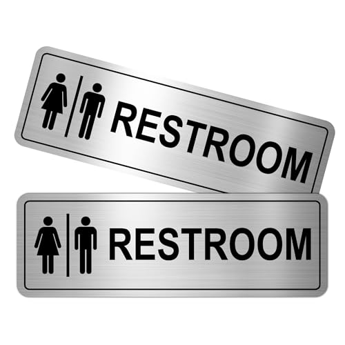 Frohllia Restroom Sign - (2 Pack ) Metal Restroom Signs for Business with Strong Self-Adhesive, Bathroom Signs for Home Door or Wall, Ideal Unisex Restroom Signs for Women and Men, Easy to Install (Brushed Nickel Unisex 9" x 3") - Image 1