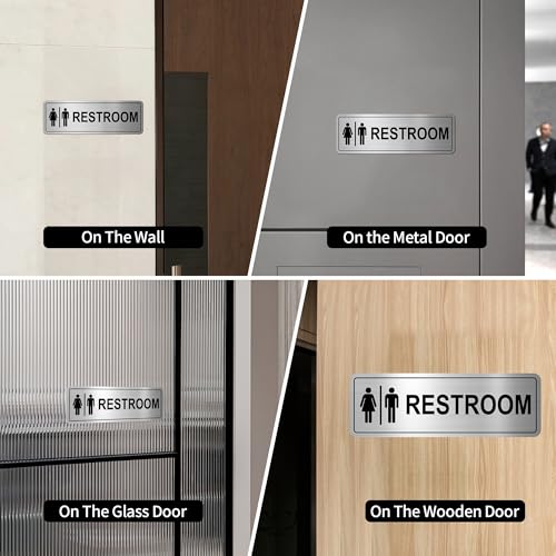 Frohllia Restroom Sign - (2 Pack ) Metal Restroom Signs for Business with Strong Self-Adhesive, Bathroom Signs for Home Door or Wall, Ideal Unisex Restroom Signs for Women and Men, Easy to Install (Brushed Nickel Unisex 9" x 3") - Image 5