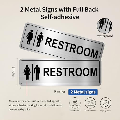Frohllia Restroom Sign - (2 Pack ) Metal Restroom Signs for Business with Strong Self-Adhesive, Bathroom Signs for Home Door or Wall, Ideal Unisex Restroom Signs for Women and Men, Easy to Install (Brushed Nickel Unisex 9" x 3") - Image 2