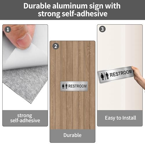 Frohllia Restroom Sign - (2 Pack ) Metal Restroom Signs for Business with Strong Self-Adhesive, Bathroom Signs for Home Door or Wall, Ideal Unisex Restroom Signs for Women and Men, Easy to Install (Brushed Nickel Unisex 9" x 3") - Image 3