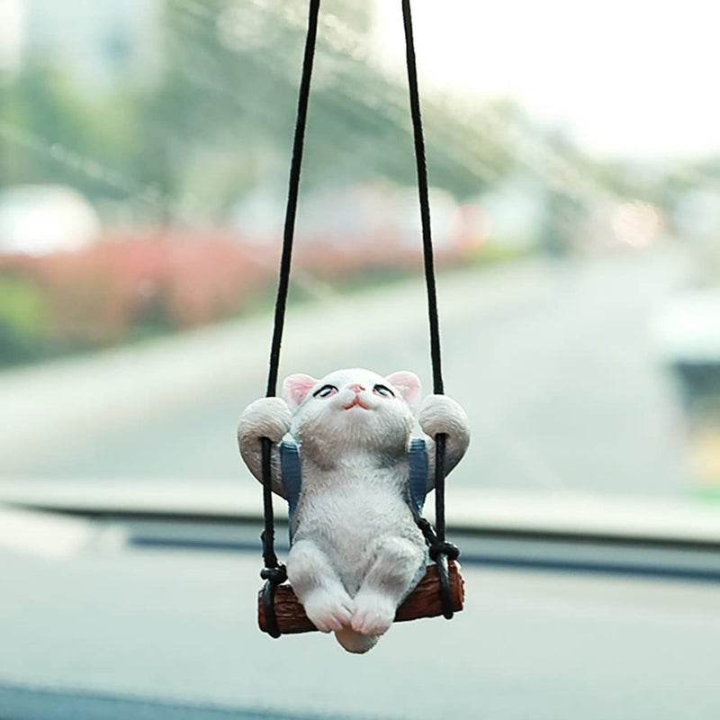 AMIORO Cute Swinging Cat Car Mirror Hanging Accessories Fun Interior Rearview Mirrors Decoration (Gray Cat) - Image 1