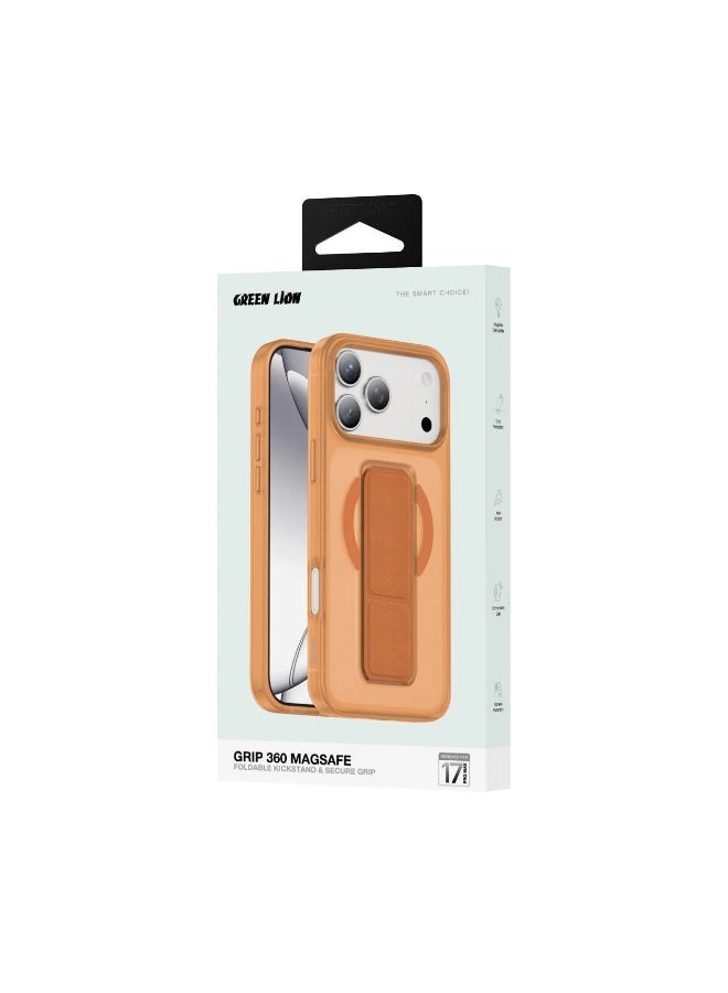 جرين ليون حافظة iPhone 17 Pro Max MagSafe GRIP 360 غطاء خلفي / حزام قبضة من الجلد / حامل قابل للطي / مغناطيس قوي / حماية من السقوط / حماية للكاميرا / مقاومة للخدش - التيتانيوم البرتقالي - Image 3