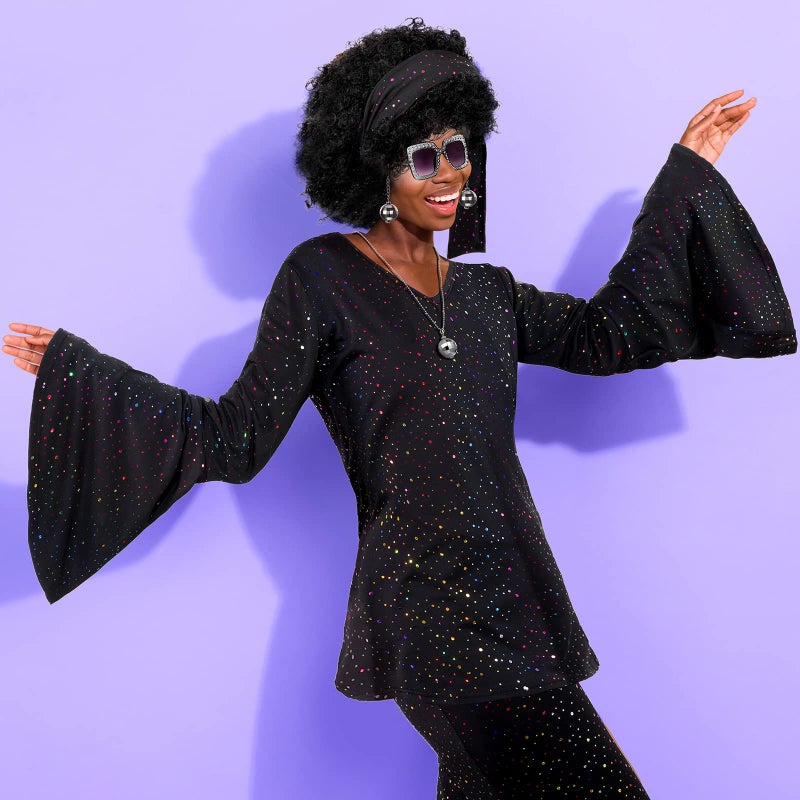 Jexine 70s Women Disco Outfit Costume Disco Party Top Pants Sunglasses Ball Necklace Earring Wig for Halloween New Year Eve(Black,Medium) - Image 4
