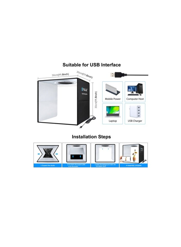 بولوز PULUZ صندوق إضاءة تصوير قابل للطي 11.8 بوصة 30 سم مع حلقة ضوء CRI 97+ و 6 خلفيات أسود أبيض برتقالي أحمر أخضر أزرق خيمة تصوير محمولة للتصوير الفوتوغرافي للمنتجات ASM - Image 3