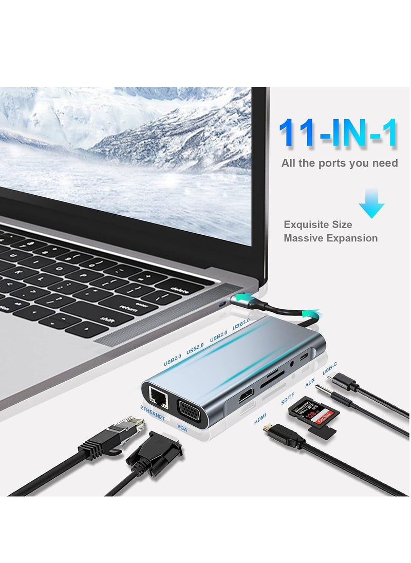 موزع USB C، محول USB C 11 في 1 دونجل مع 4K HDMI، VGA، نوع C PD، USB 3.0، RJ45 ايثرنت، قارئ بطاقات SD/TF، ومدخل AUX مقاس 3.5 ملم، قاعدة توصيل متوافقة مع ماك بوك برو/أير وأجهزة اللاب توب الأخرى نوع C