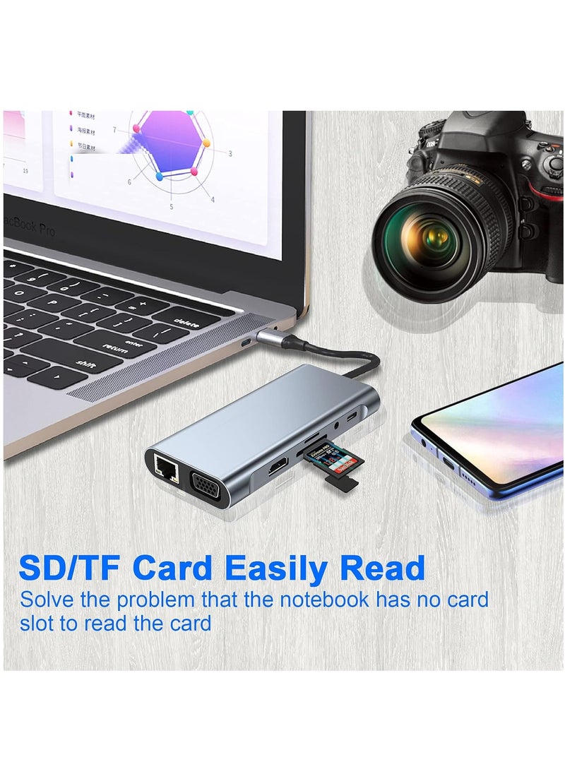 موزع USB C، محول USB C 11 في 1 دونجل مع 4K HDMI، VGA، نوع C PD، USB 3.0، RJ45 ايثرنت، قارئ بطاقات SD/TF، ومدخل AUX مقاس 3.5 ملم، قاعدة توصيل متوافقة مع ماك بوك برو/أير وأجهزة اللاب توب الأخرى نوع C