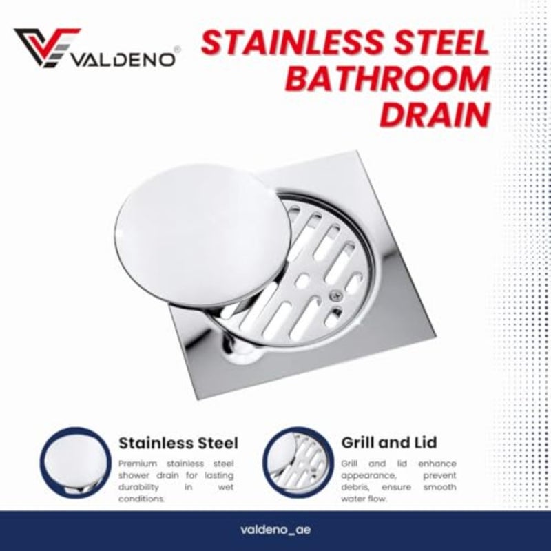 VALDENO حوض استحمام من الفولاذ المقاوم للصدأ مقاس 15 سم × 15 سم مع شواية وغطاء - حل تصريف ممتاز من الفولاذ المقاوم للصدأ للحمامات الحديثة - Image 2