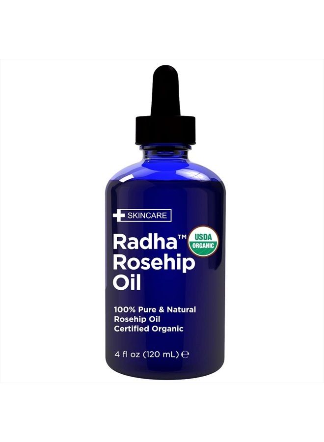 Radha beauty USDA Certified Organic Rosehip Seed Oil, 100% Pure Cold Pressed - Great Carrier Oil for Moisturizing Face, Hair, Skin, & Nails - 4 fl oz  - Image 1