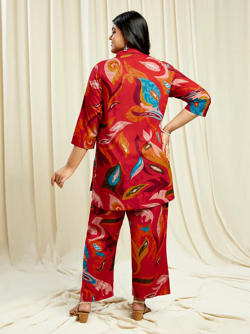 globus Gloplus Women Red Abstract Print Shirt Style Tunic with Wide Leg Trousers Plus Size Fusion Co-Ord Set