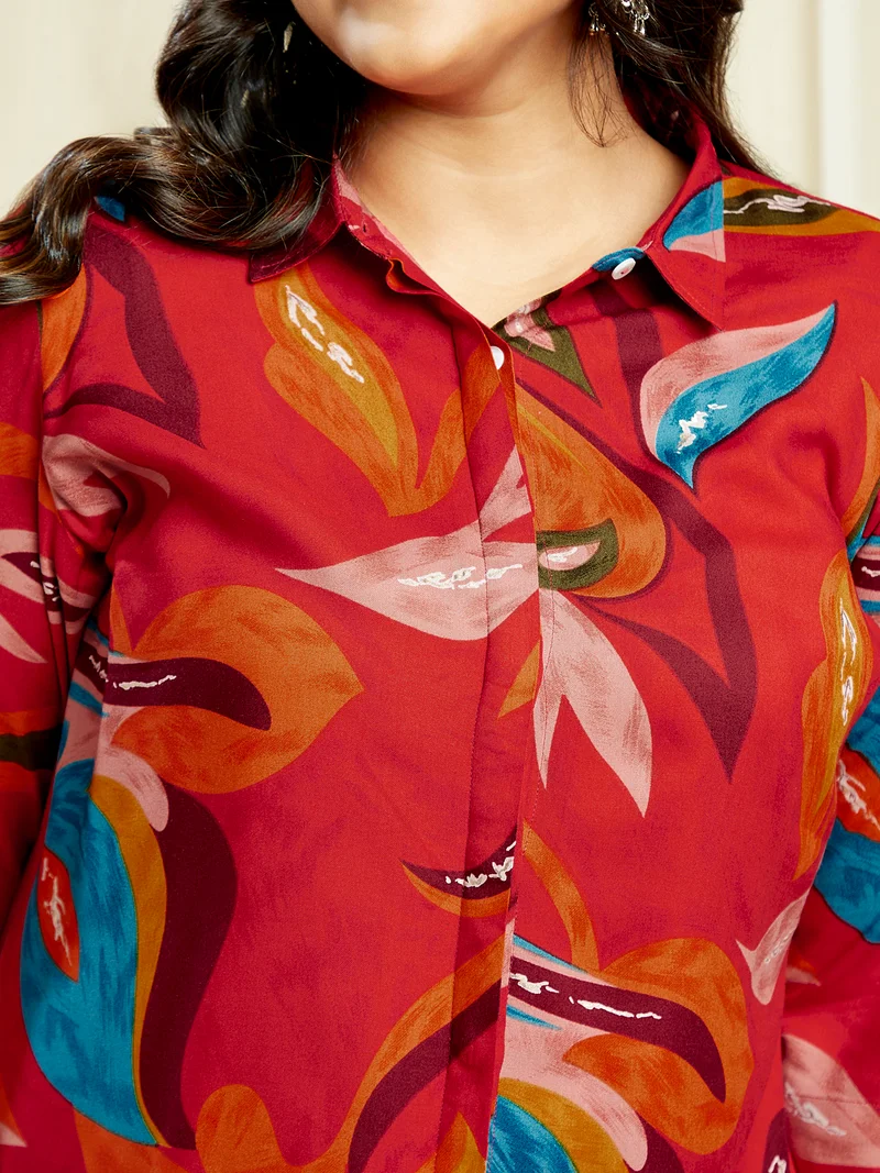 globus Gloplus Women Red Abstract Print Shirt Style Tunic with Wide Leg Trousers Plus Size Fusion Co-Ord Set