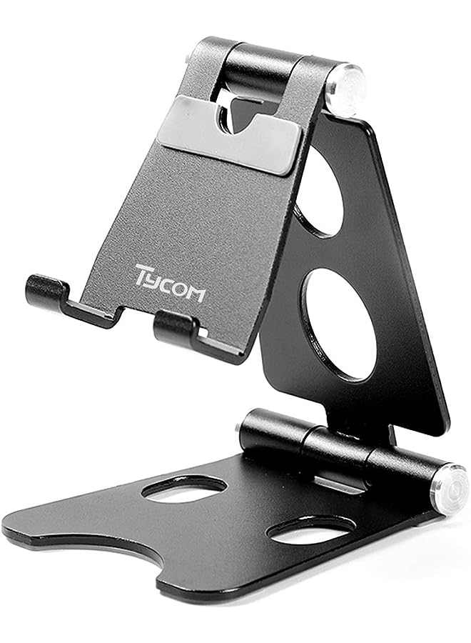 TYCOM Cell Phone Stand, Double Adjustable Mobile Phone Tablet Holder, Aluminum Portable Desk Stand for iPhone 11, iPhone X, iPhone 8 7, Samsung, Galaxy S9 S8, iPad (Black) - Image 1